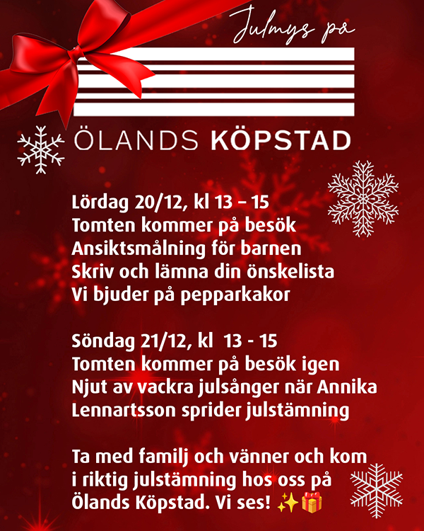 Julaffisch med röd bakgrund, snöflingor och röda rosetter. Text: "Julmys på Ölands Köpstad
